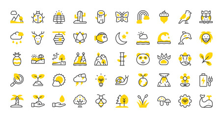 Set of Nature vector stroke icons. such as Power Bank, Forest, Research, Mountain, Fruit Tree, Waterfall, Environment, Snail, Bird, Gear, Owl, Log, Plant Leaf, Lotus Flower, Solar Panel illustration.