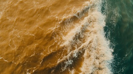 Polluted brown seawater blending with clear green-blue ocean from an aerial perspective, highlighting marine contamination, water pollution, and environmental degradation caused by human impact.