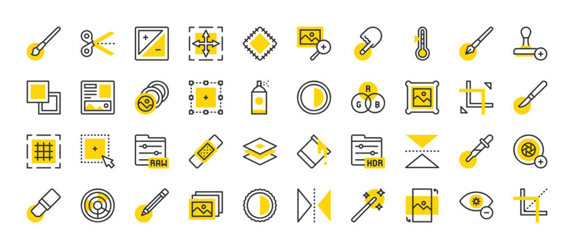 Set of Photo editing tools vector stroke icons. such as Smudge Tool, Gallery, Paint Bucket, Cut, Layout, Temperature, Magic Wand, Depth Of Field, Clone Stamp, Zoom, Pen Tool, Selection illustration.