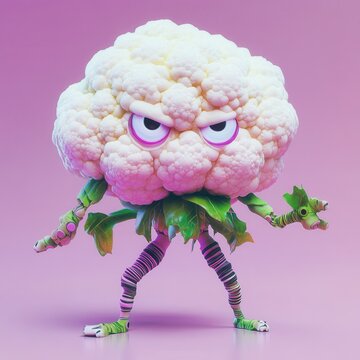 op art, gansta style, bright cyberpunk cauliflower. Cauliflower has bright eyes, short crooked legs and skinny arms without a body
