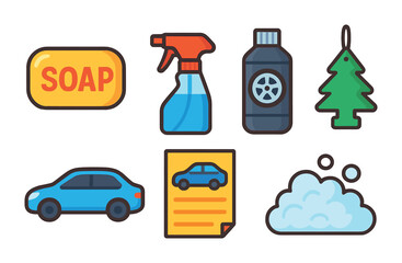 Car wash and hygiene flat icons set – cleaning, maintenance, vehicle care symbols