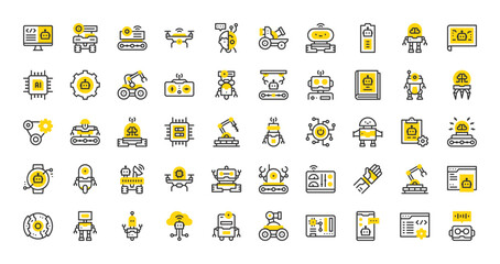 Set of Robotics vector stroke icons. such as Ai, Voice, Smartphone, System, Monitor, Browser, Cyborg, Cloud Computing, Wheeler, Industrial Robot, Book, Hand, Wheel, Canon, Mainboard illustration.