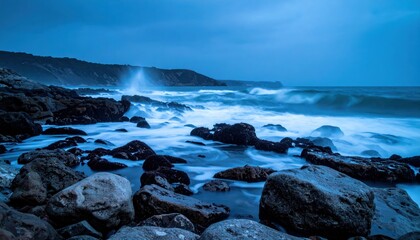 Obraz premium Powerful ocean waves crashing on rocky shoreline coastal area photography dramatic seascape wide angle nature's force