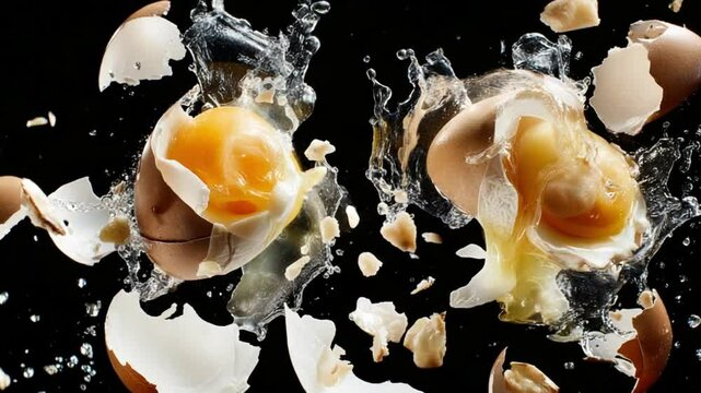 Splattering eggs captured mid-explosion against a dark backdrop, showcasing dynamic motion and texture