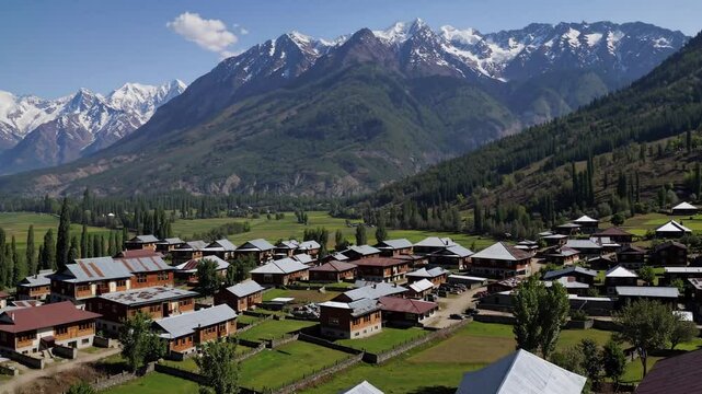 Beautiful village view of Kashmir with snow-covered mountains natural landscape, Jammu, Pahalgam, India, Pakistan
