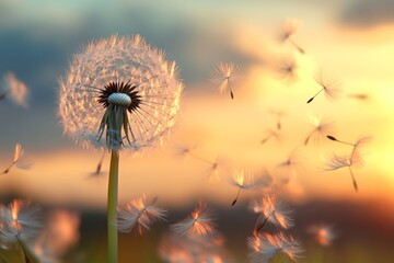 Dandelion seed heads flying in sunset