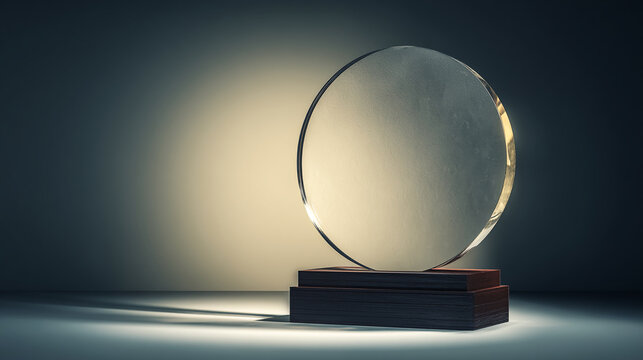 Circular glass award on dark wood base, illuminated against a gradient background, showcasing blank space for text or logo, ideal for recognition or achievement concepts