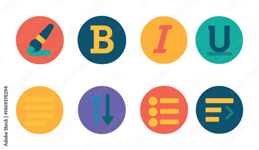 Poster text editor flat icons set – design, ui, formatting and writing symbols