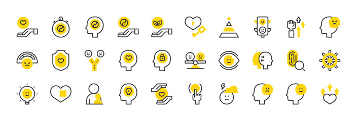 Set of Self awareness vector stroke icons. such as Child, Self Love, Compassion, Emotions, Control, Anger, Depression, Push, Sad, Willpower, Introvert, Creativity, Visualize, Happy illustration.