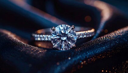 A brilliant solitaire diamond ring its facets ablaze nestled on dark shimmering blue fabric