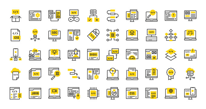 Set of Software development vector stroke icons. such as Soc, Flow Chart, Optimization, Layer, Workflow, Responsive, Alert, Drivers, Merge, Quality, Malware, Hierarchical Structure illustration.