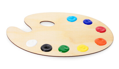 Wooden palette with paints isolated on white