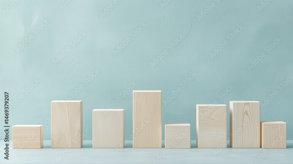 Poster minimalist wooden blocks display stage on blue background for product or data concepts blocks data