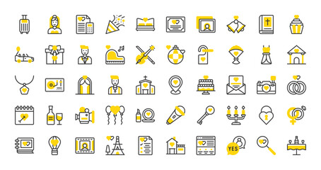 Set of Wedding vector stroke icons. such as Location Pin, Propose, Suitcase, Website, Wedding Dinner, Photo Album, Honeymoon, Budget, Sex Symbol, Wedding Rings, Checklist, Home, Search illustration. 