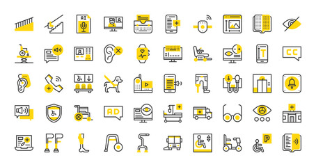 Set of Accessibility vector stroke icons. such as Impairment, Ramp, Color Blindness Test, Hearing, Service Dog, Wheelchair, Eyeglasses, Hearing Aid, Stair , Medical App, Prothesis illustration. 