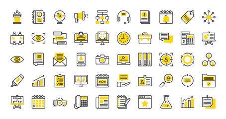 Set of Agenda vector stroke icons. such as Eye, Wall Clock, Calculator, Growth, Team, Networking, Advice, Quick Response Code, Process, Tag, Video Call, List, Customer Support, Workflow illustration. 