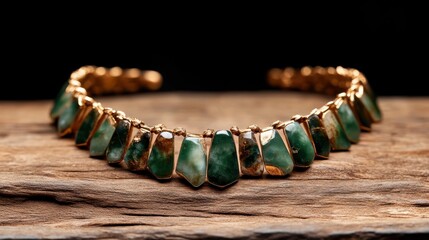 This bold green stone choker features a unique design with shiny gold trim, celebrating elegance and style while being a statement piece for any outfit or occasion.