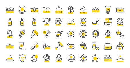 Set of Aesthetic treatment vector stroke icons. such as Skin Regeneration, Drops, Glowing Skin, Clean Skin, Glowing Skin, Hyaluronic Acid, Fillers, Surgery, Uv, Face Massage, Face illustration. 