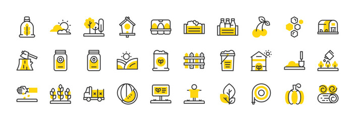 Set of Agriculture vector stroke icons. such as Leaves, Fences, Trees, Greenhouse, Wheat, Watering Can, Shovel, Clouds, Jam, Vegetables, Plant, Hay, Honey, Hose, Milk, Pumpkin, Sack illustration. 