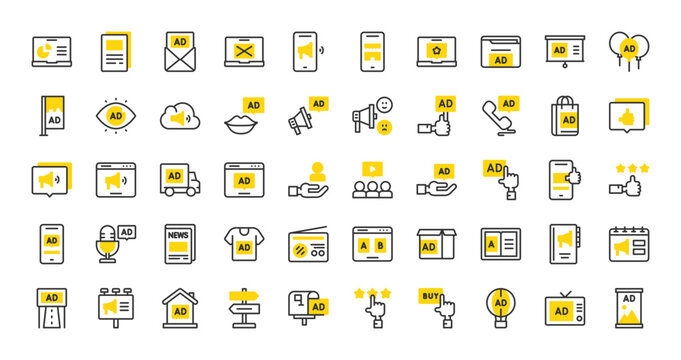 Set of Advertisement vector stroke icons. such as Tv Monitor, Eye, Advertising, Papers, Roll up, User, People , Megaphone, Testing, Laptop, Mail, Tshirt, Marketing, Online Shopping illustration. 
