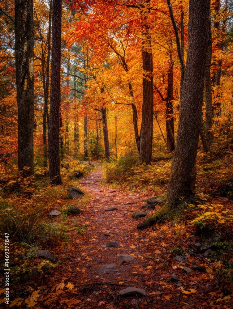Aufkleber colorful autumn path winding through trees with vibrant leaves in the forest generative ai