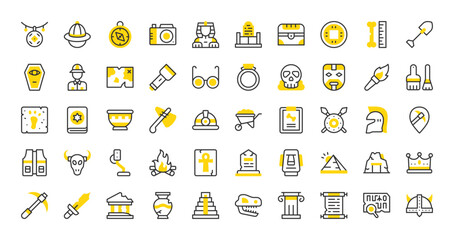 Set of Archaeology vector stroke icons. such as Inscription, Pin, Campfire, Pottery, Old Scroll, Report, Ancient Greece, Map, Grave, Fossil, Wheelbarrow, Temple, Torch, Pyramid, Pickaxe illustration.