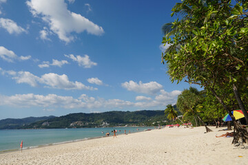 Serene Tropical Beach with Soft White Sand and Clear Blue Water Under Scenic Cloudy Sky