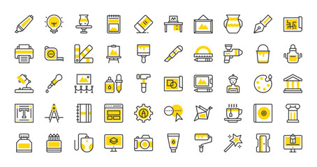 Set of Art and design vector stroke icons. such as Architecture, Printer, Museum, Canvas, Blueprint, Project, Layout, Vase, Monitor, Color Palette, Paint Bucket, Sketchbook, Typography illustration. 