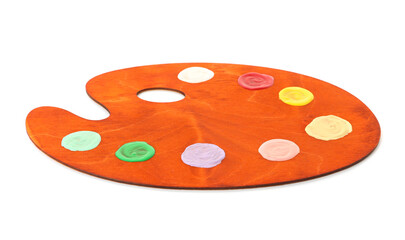 Wooden palette with paints isolated on white