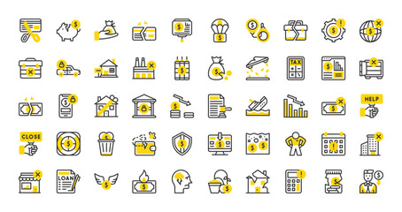 Set of Bankruptcy vector stroke icons. such as Cut Card, Financial Crime, Seizure, Shop, Broken Bank, Unaffordable House, Money Waste, Sink, Calculator, House For Sale, Bankruptcy illustration. 