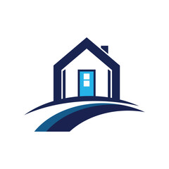 Modern house logo with blue door, curved path, vector graphic, real estate design, home icon, minimalistic style, architectural symbol.
