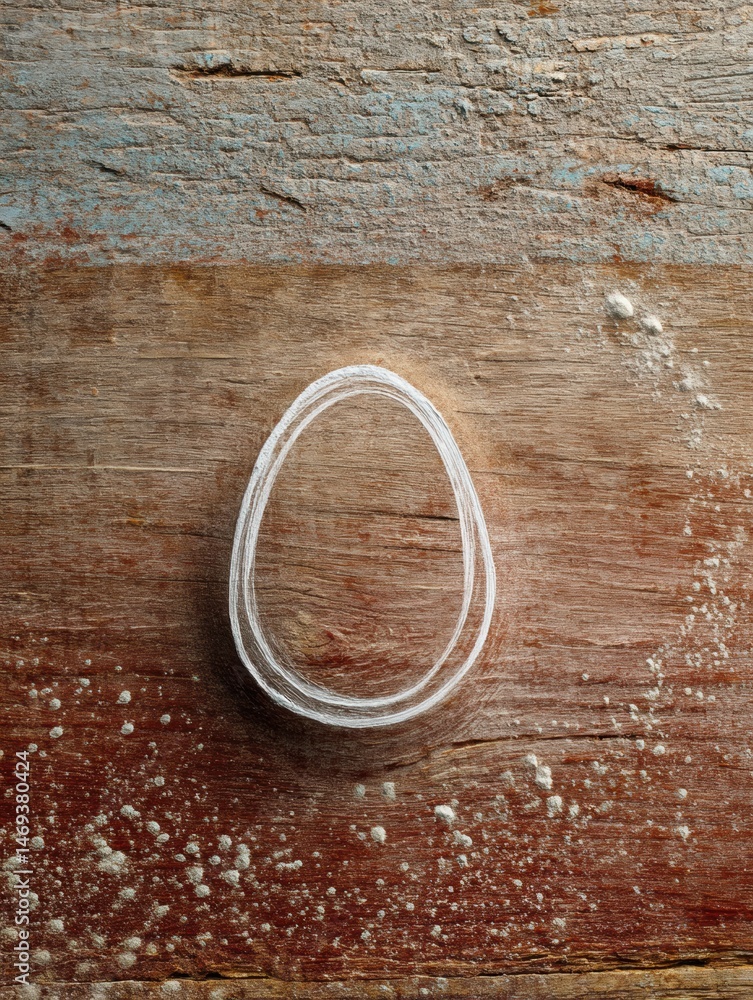 Poster soft chalk outline of an egg on a rustic wood surface evokes a creative and artistic atmosphere at a
