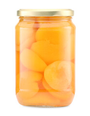 Tasty canned apricots in jar isolated on white