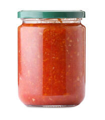 Tasty lecho in jar isolated on white