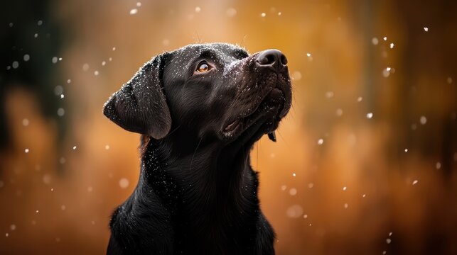 This elegant black dog captivates the viewer with its thoughtful gaze as it enjoys a light snowfall, creating an atmosphere of peace and pure beauty in nature.