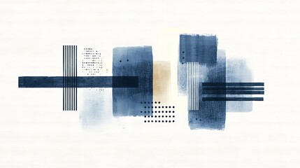 Abstract art composition featuring muted blue and beige shapes, layered with ink-like washes and geometric lines