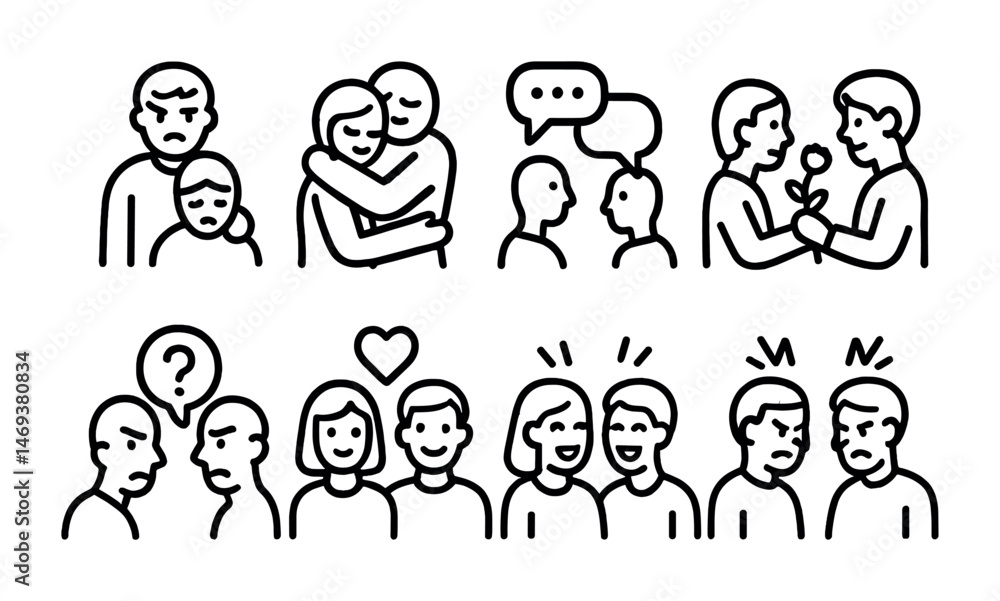 Poster relationship and communication icon set – outline, line, emotion and interaction graphics