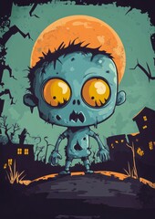 Cute Cartoon Zombie Character Under Full Moon in Spooky Landscape