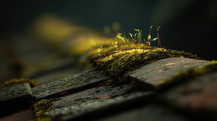 Green shoots growing in the cracks of bricks