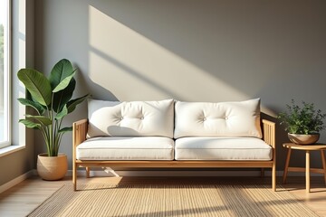 Neutral couch bathed in sunny light