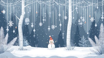 Fototapeta premium Winter Forest Snowman Snowflakes.