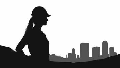 Silhouette of a woman in a hard hat overlooking a construction site, empowerment