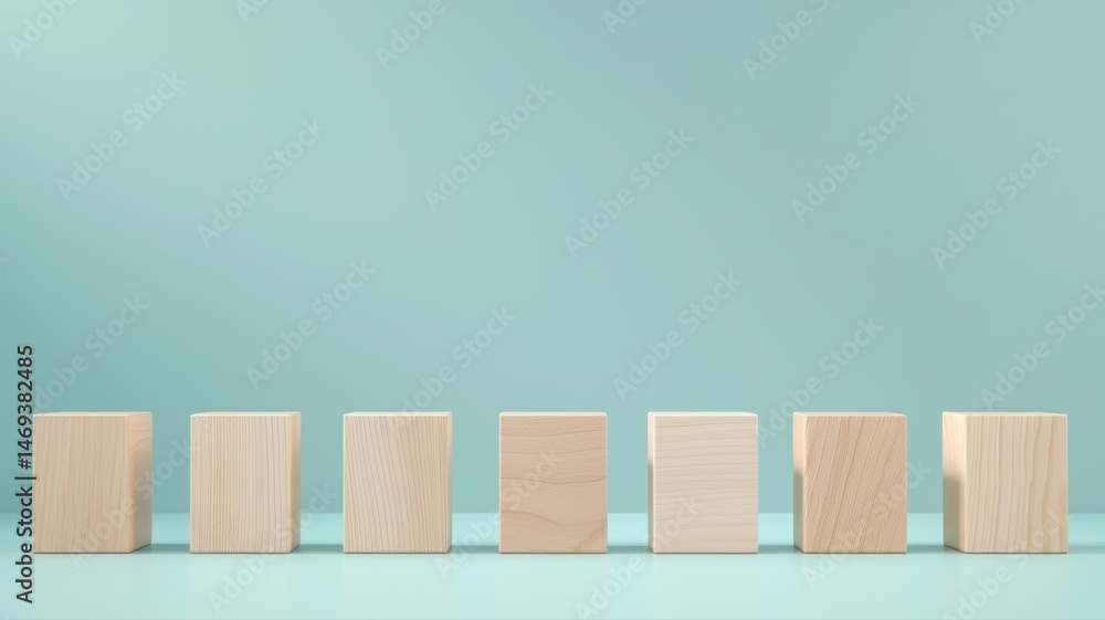 Poster seven blank wooden blocks in a row on blue background with copy space, concept of building blocks ai