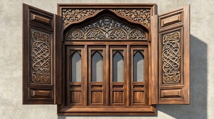 Obraz premium Intricate carved wooden window exterior view