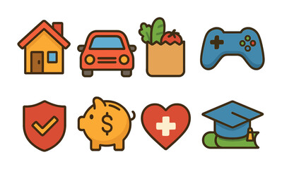 Fototapeta premium Daily life flat icons set – essentials, activities, and everyday symbols