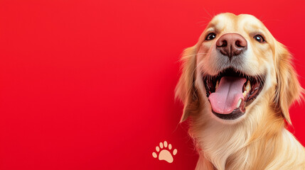 A fluffy golden retriever dog smiles joyful happy with white paw prints on red background with copy space. fun pet portrait decoration festival party playful cute poster