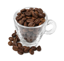 Aromatic coffee beans in cup isolated on white