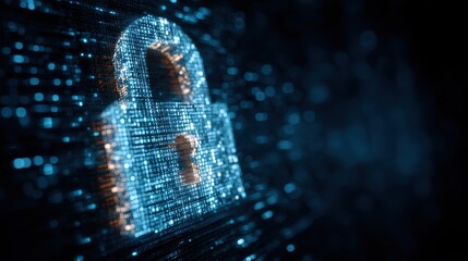 A stunning image of secure digital network, glowing lock, blue background, cybersecurity concept.