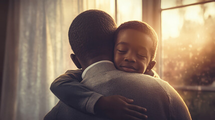 Warm embrace between father and son near window at sunset, showing deep love, trust, and emotional bonding in a peaceful, intimate moment.