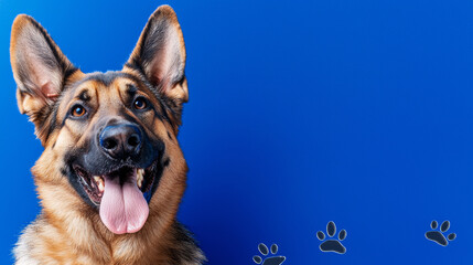 A fluffy german shepherd dog smiles joyful happy with white paw prints on navy blue background with copy space. fun pet portrait decoration festival party playful cute poster